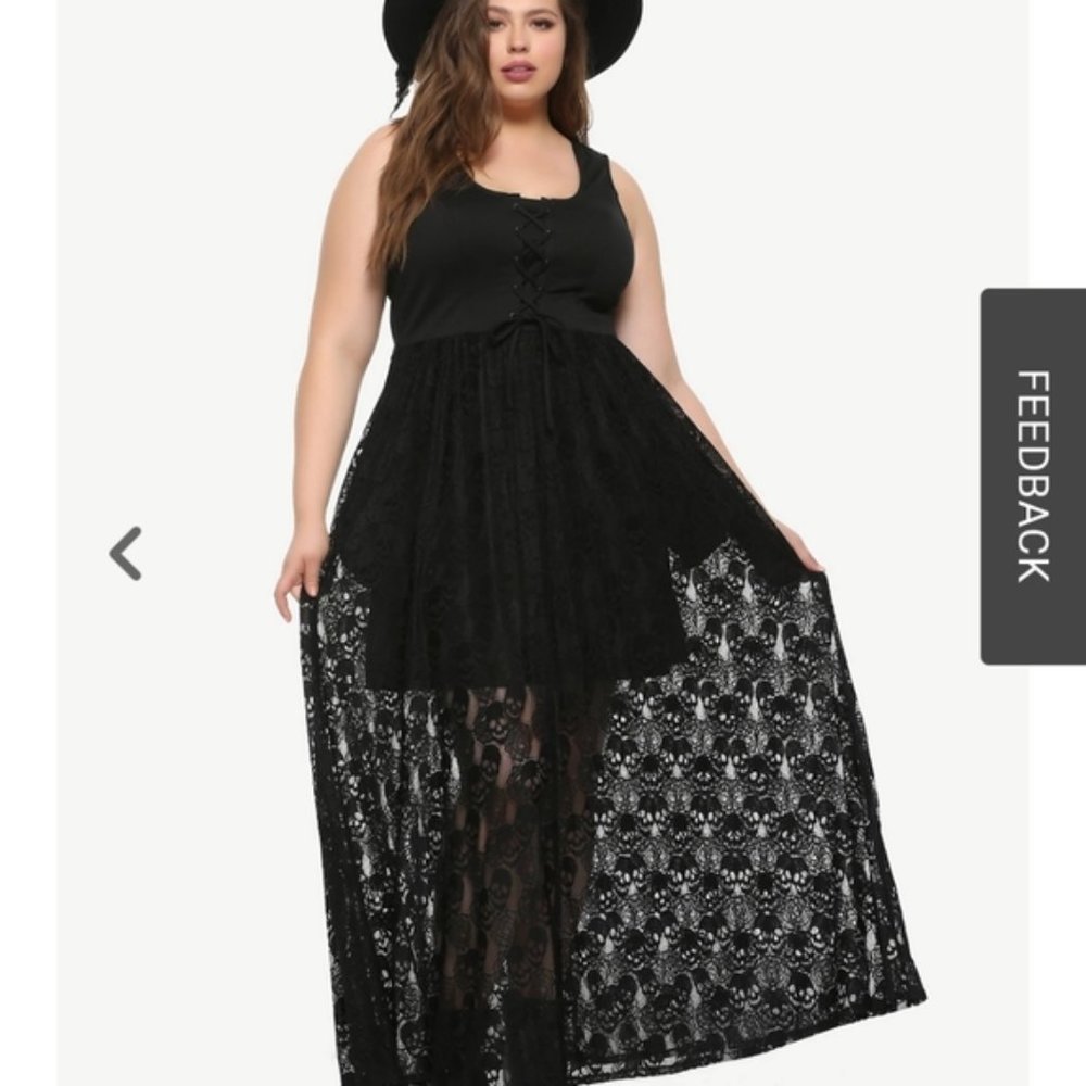 NWT Hot Topic Black Lace-Up Skull Lace Maxi Dress with Pockets Size 1X